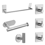 6PCS Self-Adhesive Stainless Steel Bathroom Hardware Kit Accessory Set with Towel Rack Coat Sticky Hooks Toilet Paper Holder