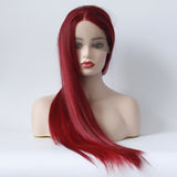 Chemical fiber front lace wig long straight wine red chemical fiber headgear
