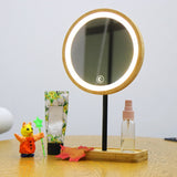 Wooden Desktop LED Makeup Mirror USB Charging Adjustable Bright Diffused Light Press Screen Beauty Mirrors