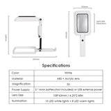 Magnifier Lighted Magnifying Glass Lens Square Magnifier Foldable Tabletop Freestanding Magnifier with Warm and Cool LED Lights