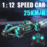 2.4GHz 4WD RC Stunt Car 1/12 RC Spray Car 25km/h Remote Control Car 2 Control Mode with Light Engine Sound 360 Rotation for Kids