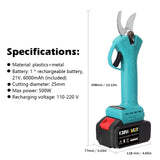 21V 500W Cordless Electric Pruning Shear 25mm Electric Branches Pruner Efficient Fruit Tree Bonsai Cutter Landscaping Tool