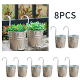 8pcs Silver Multipurpose Fence Balcony Indoor Outdoor Hanging Flower Pot Rustproof Home Decor Iron Bucket Planter With Hook