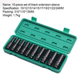 1/2Inch Drive Hex Impact Electric Wrench Socket Set Metric Sizes 10PCS 10-24mm Carbon Steel Deep Socket with Hard Storage Box