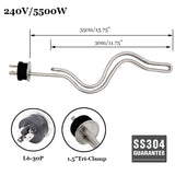 Weldless Heating Element Kit 5500W Ripple Heating Element  240V(35cm) integrated 1.5“Tri Clamp &amp; L6-30P Plug Silicone Gasket