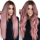 Wig Ladies Long Curly Hair Big Wave Middle Part Gradient Pink Chemical Fiber Headgear