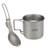 Lixada Cookware Set 300ml/350ml/420ml/550ml/650ml/750ml Ultralight Titanium Cup with Folding Dinner Spork Tableware for Outdoor