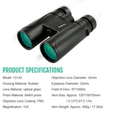 KKmoon 12×42 Binocular Daily Waterproof Telescope BAK4 High Magnification High Definition High Resolution for Outdoor Traveling