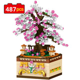 487pcs City Street View Building Blocks Friends For Girl Sakura Tree Music Box Bricks Creator Cherry Blossom Tree House Toy