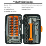 38-In-1 Household Toolbox Set with Ratchet Screwdriver 10 Sleeves 22 Bits Hardware Tools for Woodworking Vehicle Maintenance
