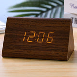 LED Wooden Alarm Clock Desktop Digital Clocks Triangle Shape Electronic Table Clocks with Temperature Display Home Bedside Decor