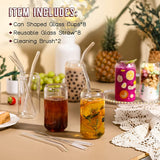 Drinking Glasses With Glass Straw -16Oz Can Shaped Glass Cups, Beer Glasses, Iced Coffee Glasses,2 Cleaning Brushes 8Pcs