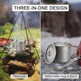 Lixada 3 Pieces Titanium 750ml Pot 420ml Water Cup Mug with Lid Handle Folding Spork Outdoor Camping Picnic  Cookware