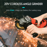 20V Cordless Angle Grinder Electric Angle Grinder100mm 10000RPM Brushless Motor 2-Position Adjustable Auxiliary Electric Grinder