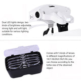 USB Rechargeable 2 LED Auxiliary Light Wearable Magnifier 5 Focus-length Adjustable Magnifying Loupe with 5 Replaceable Lenses