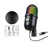 RGB Condenser Microphone Cardioid USB Mic Colorful Lighting Effect One-Button Mute Real-time Monitoring with Desktop Mic Stand