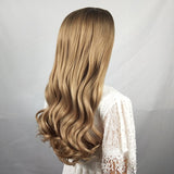 Long curly hair wig, middle part gradient color top dyed black high temperature silk chemical fiber headgear