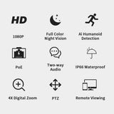 Hiseeu H.265 1080P POE PTZ IP Camera 4X Digital Zoom Two-way Audio 2MP Waterproof Outdoor Security Camera