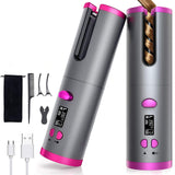 Cordless Hair Curler Automatic Rotating Curling Iron Portable Wireless Rechargeable Curling Wand LCD Display Ceramic Hair Curler