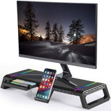 Monitor Stand Riser Foldable, RGB Computer Monitor Riser with 4Pcs USB Port, Foldable Monitor Stand with Drawer Storage
