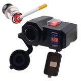 USB Motorcycle Charger Waterproof Dual Ports Voltmeter Cigarette Lighter Power Socket Adaptor with Switch (Black)