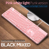 104 Keys Crystal Panel Gaming Wired Keyboard Round Punk USB Pink Typewriter Retro Game Keyboards for Home Office Gamer