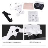USB Rechargeable 2 LED Auxiliary Light Wearable Magnifier 5 Focus-length Adjustable Magnifying Loupe with 5 Replaceable Lenses