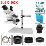 38MP HDMI-Compatible USB Microscopio Camera 3.5X-90X Simul-Focal Trinocular Stereo Microscope Soldering PCB Jewelry Repair Kit