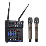 Stereo Audio Mixer Build-in UHF Wireless Mics 4 Channels Mixing Console With Bluetooth USB Effect For DJ Karaoke PC Guitar