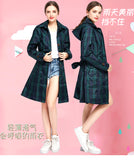 Womens Stylish Long Green Grid Rain Poncho Waterproof Raincoat Jacket Coat with Hood and Belt