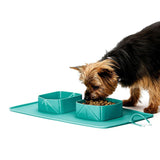 Pet Dog Silicon Portable Folding Double Travel Bowl with Mat for Pet Outdoor Feeding