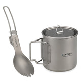 Lixada Cookware Set 300ml/350ml/420ml/550ml/650ml/750ml Ultralight Titanium Cup with Folding Dinner Spork Tableware for Outdoor