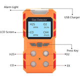 Portable 4 Gas Detector, Sound Light Vibration Rechargeable LCD Screen
