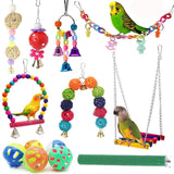 13pcs Bird Cage Toys Parrots Reliable &amp; Chewable - Swing Hanging Chewing Bite Bridge Wooden Beads Ball Bell Toys Random Color