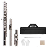 16 Holes C Key Western Concert Flute Nickel Plated Cupronickel Woodwind Instrument with Cleaning Cloth Stick Gloves Padded Bag