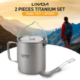 Lixada Lightweight Titanium 750ml Pot with Folding Spork for Outdoor cookware tableware Hiking Backpacking Camping supplies
