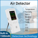 Air Quality Detector 9 In 1 Temperature Humidity PM2.5 PM10 HCHO TVOC CO CO2 AQI Air Quality Detector LCD Color with Backlight